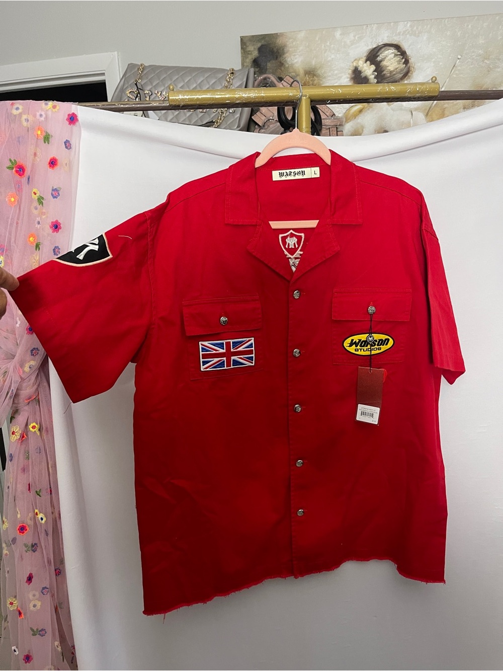 Man Watson Red Short-Sleeve Patch Work Shirt - Unbranded